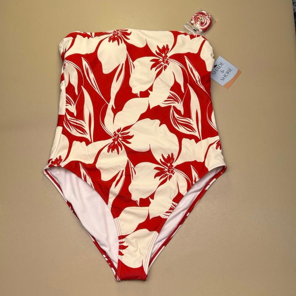Shade & Shore One Piece Swimsuit Floral Red White Strapless Removable Strap L